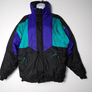 Ski Vintage Adult Medium Puffer Coat 90s Teal Purple Black Colorblock Retro READ